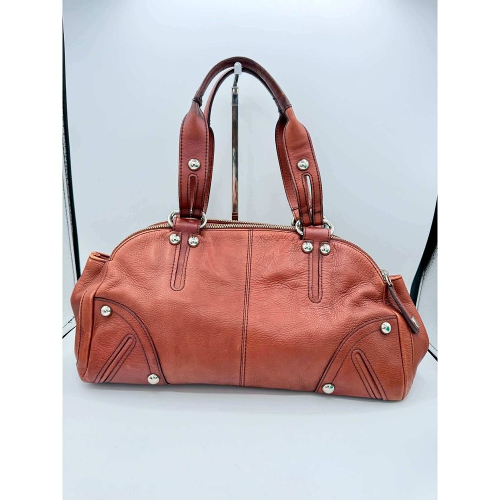 Perlina New York Pebbled Leather Bowler Satchel Bag in Cognac